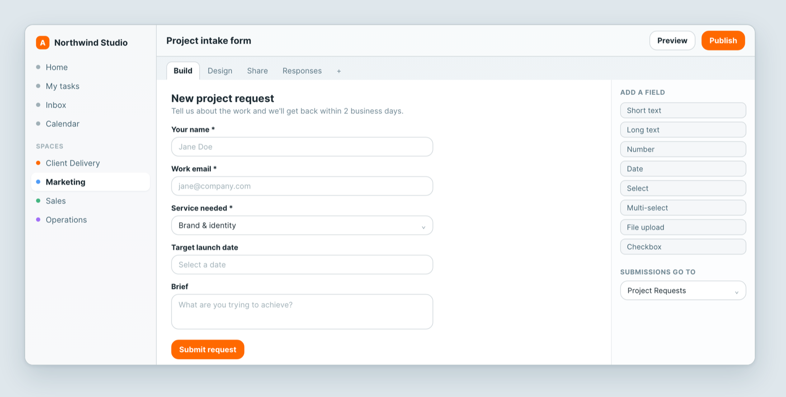 The form builder, with fields on the left and the field palette on the right