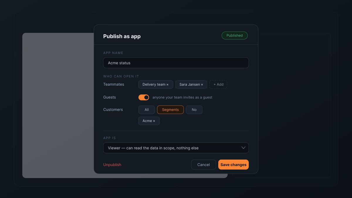 The Publish as app dialog for a Vista page: teammate access chips, a guest toggle, customer segments with an Acme segment selected, and the app's role on the underlying data set to Viewer