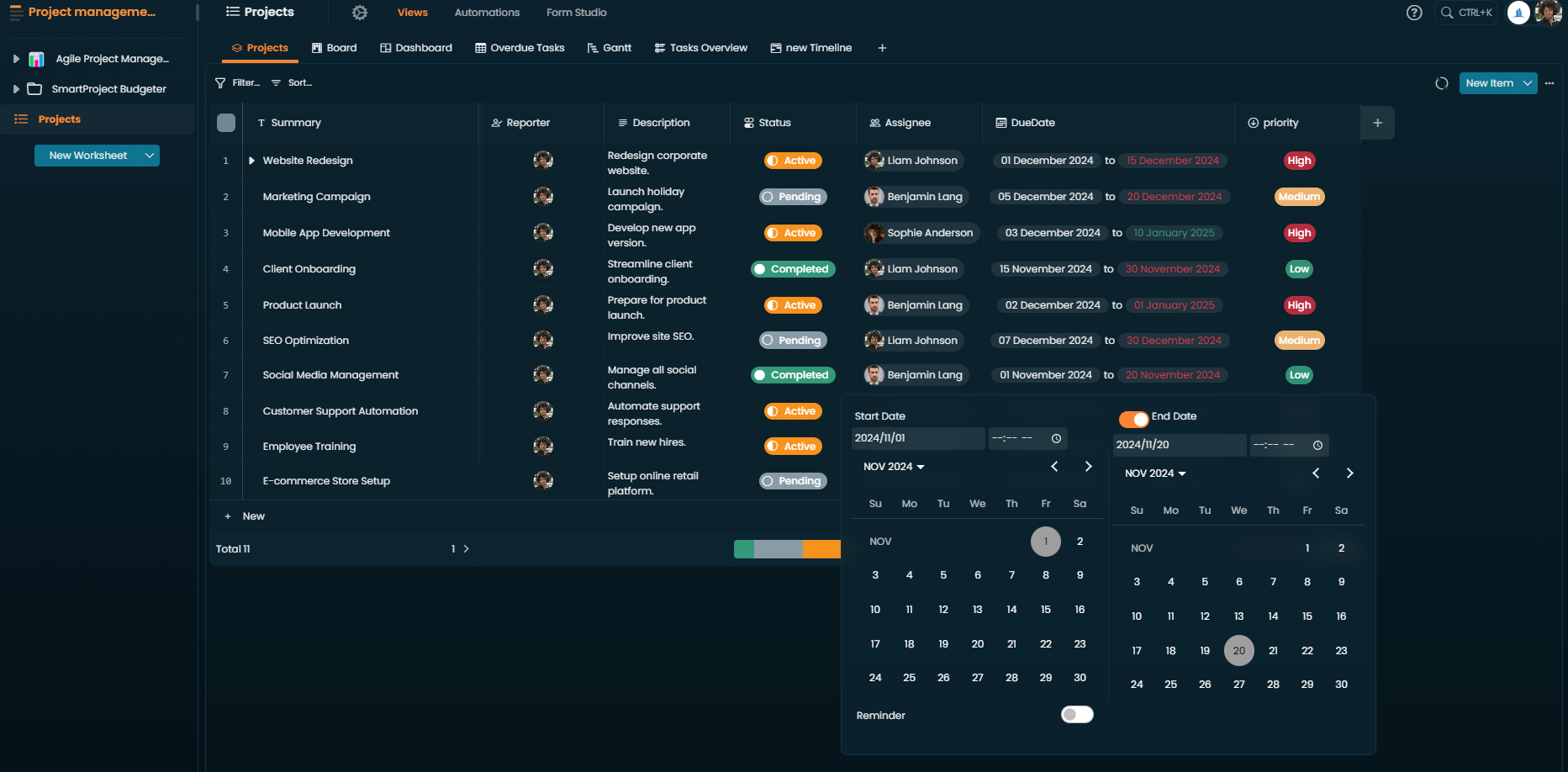 A Date column with the date picker open