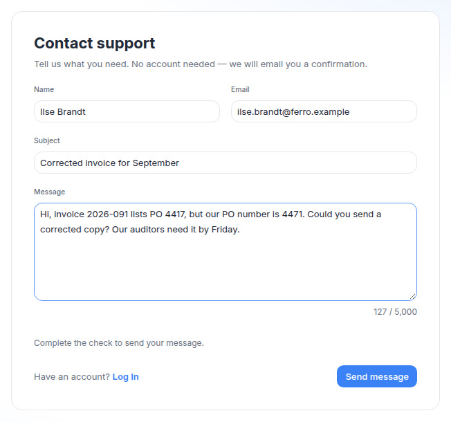 The Contact support form on a client portal, with Name, Email, Subject and Message filled in, the security-check prompt and the Send message button