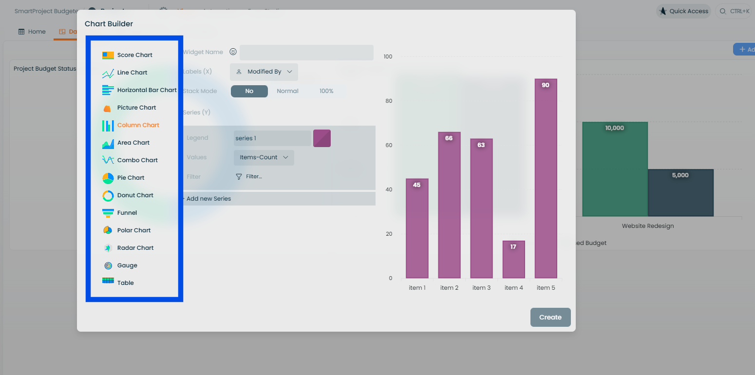 Picking a chart type when adding a widget