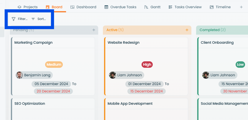 Filtering and sorting applied to a Kanban board