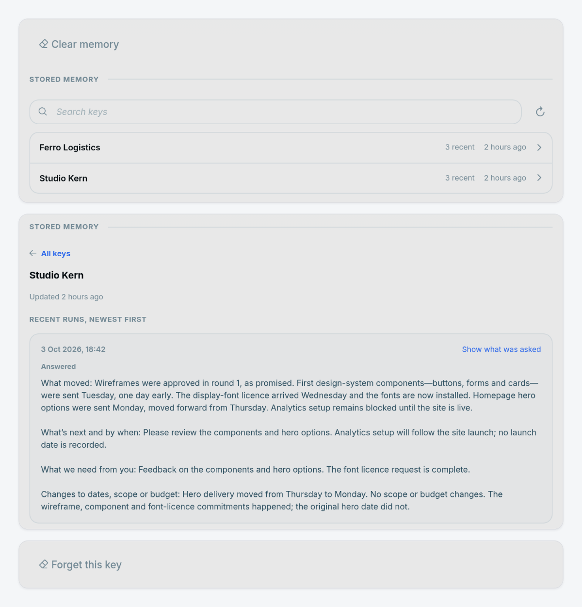 Stored memory in the Agent step's Memory tab: keys for Ferro Logistics and Studio Kern with three recent runs each; the Studio Kern key open on its newest run, with Show what was asked, and Forget this key at the bottom.