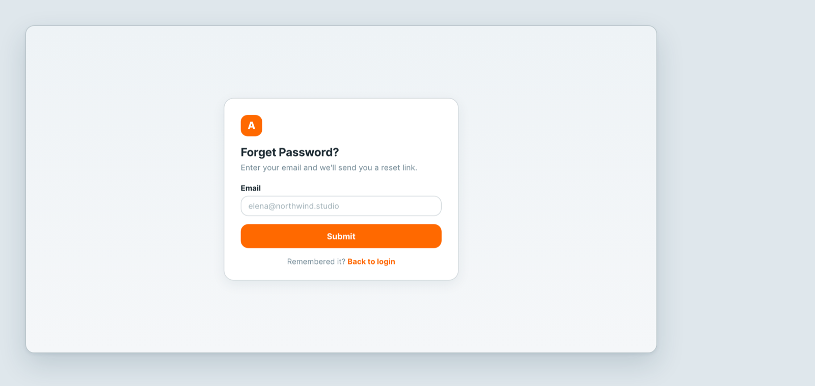 The Forget Password screen, asking for the email address to send a reset link to