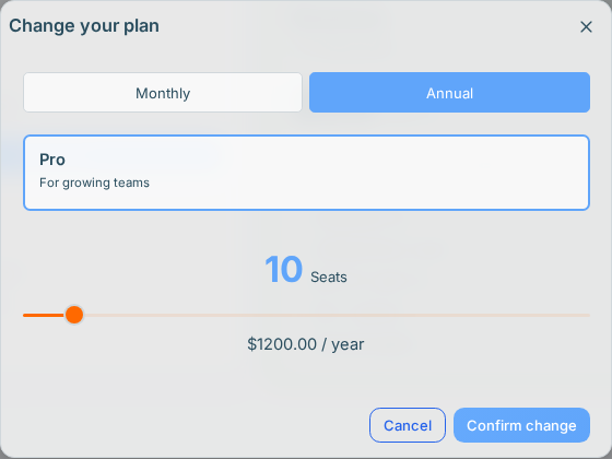 The Change your plan dialog: billing period, plan and number of seats