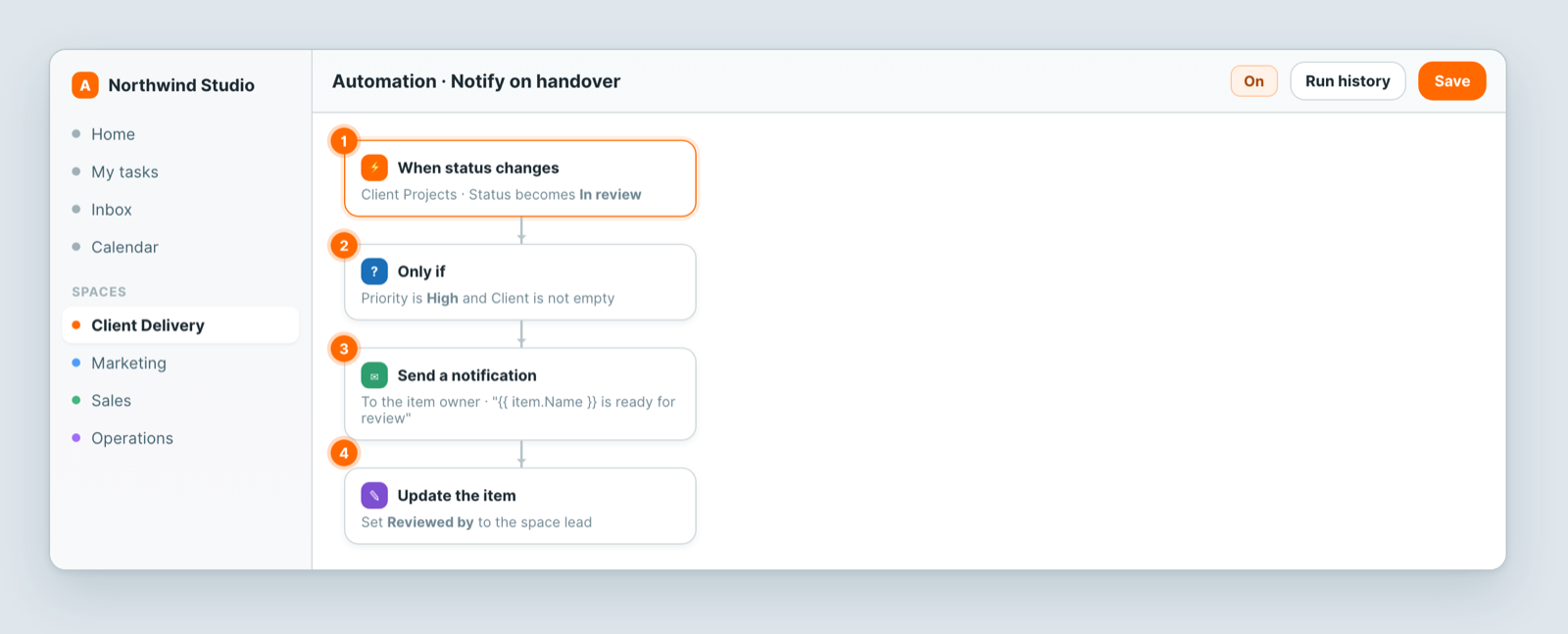 An automation: when status changes, only if priority is high, then notify and update