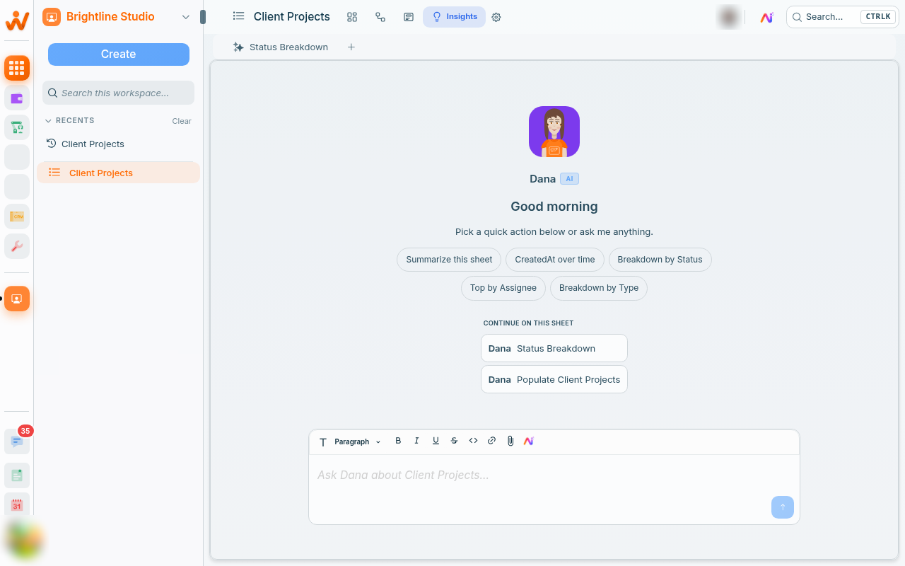 The Insights tab on a Client Projects sheet: Dana, the suggested questions, earlier conversations and the Ask Dana about Client Projects box