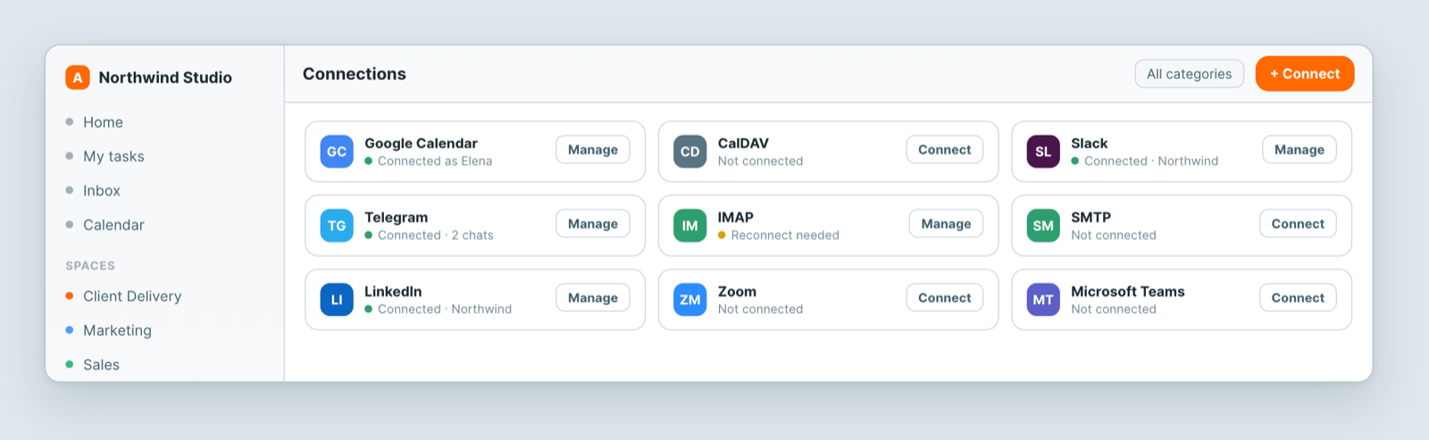 The Connections screen with Google Calendar connected