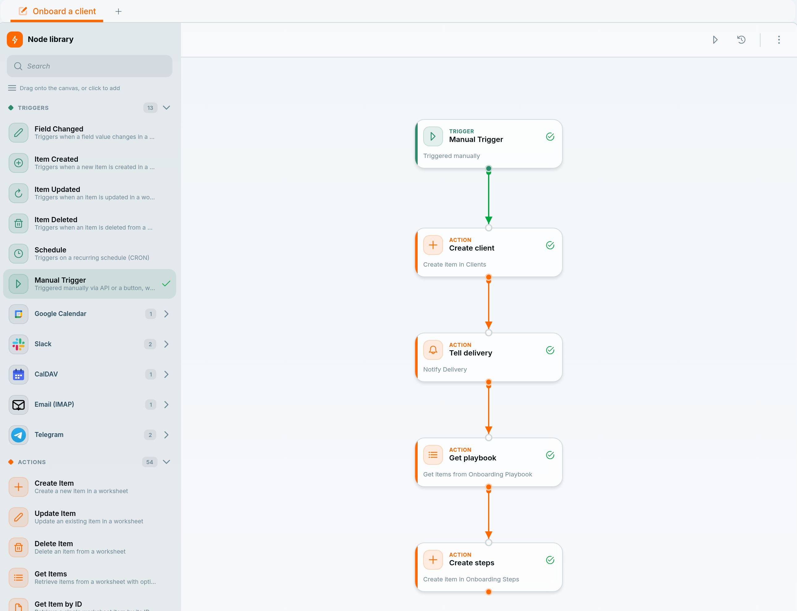 The Onboard a client workflow on the Atwork canvas, top to bottom: Manual Trigger, then Create client (create item in Clients), Tell delivery (notify the Delivery team), Get playbook (get items from Onboarding Playbook) and Create steps (create item in Onboarding Steps).