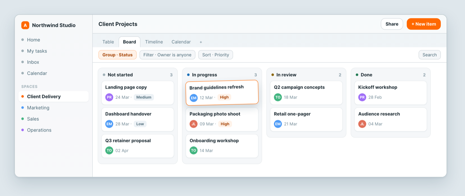 A board view grouped by status, with the view switcher above it