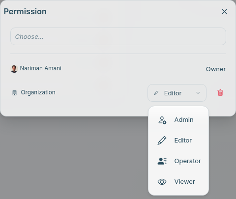 The Permission dialog of a space, with the role dropdown open