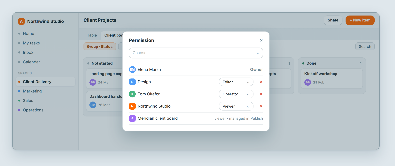 The Permission dialog for a view, with a role for each person or team