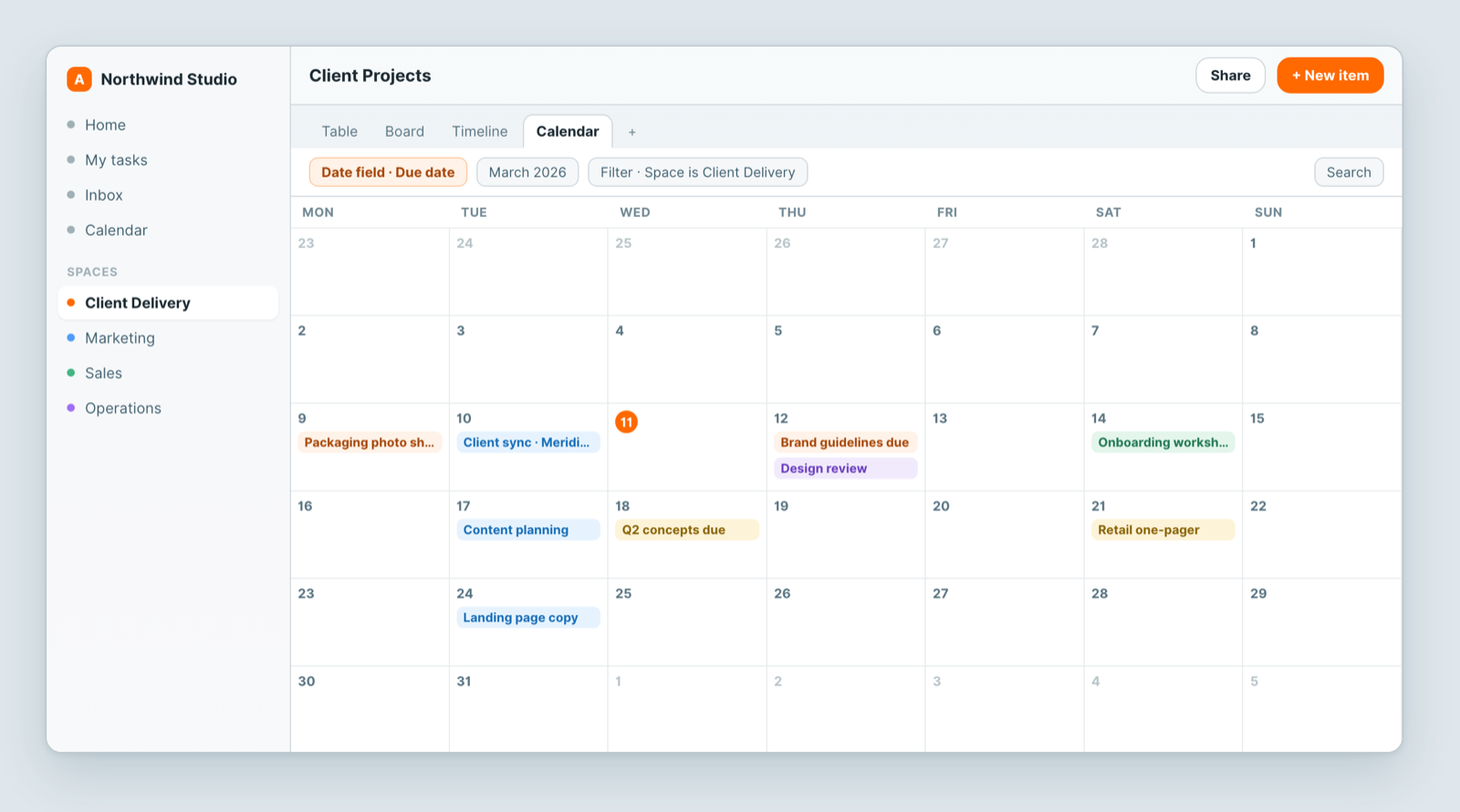 A calendar view showing items on their due dates