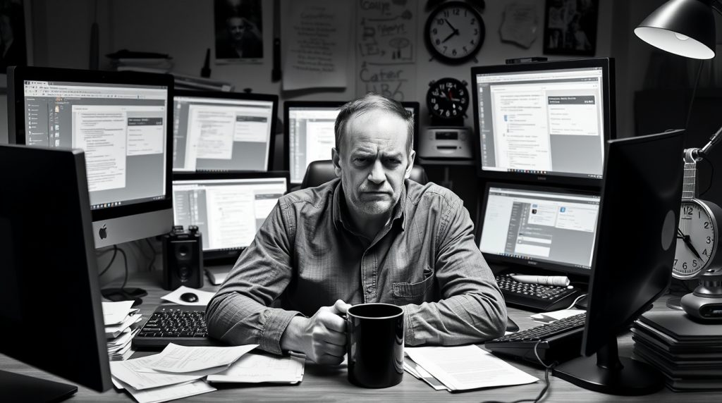 Stressed freelancer struggling with rigid productivity tools on multiple screens