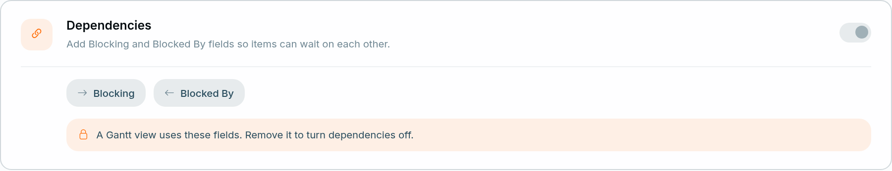 The Dependencies setting under Config, General in Atwork: switched on, with the Blocking and Blocked By fields and the note that a Gantt view uses these fields