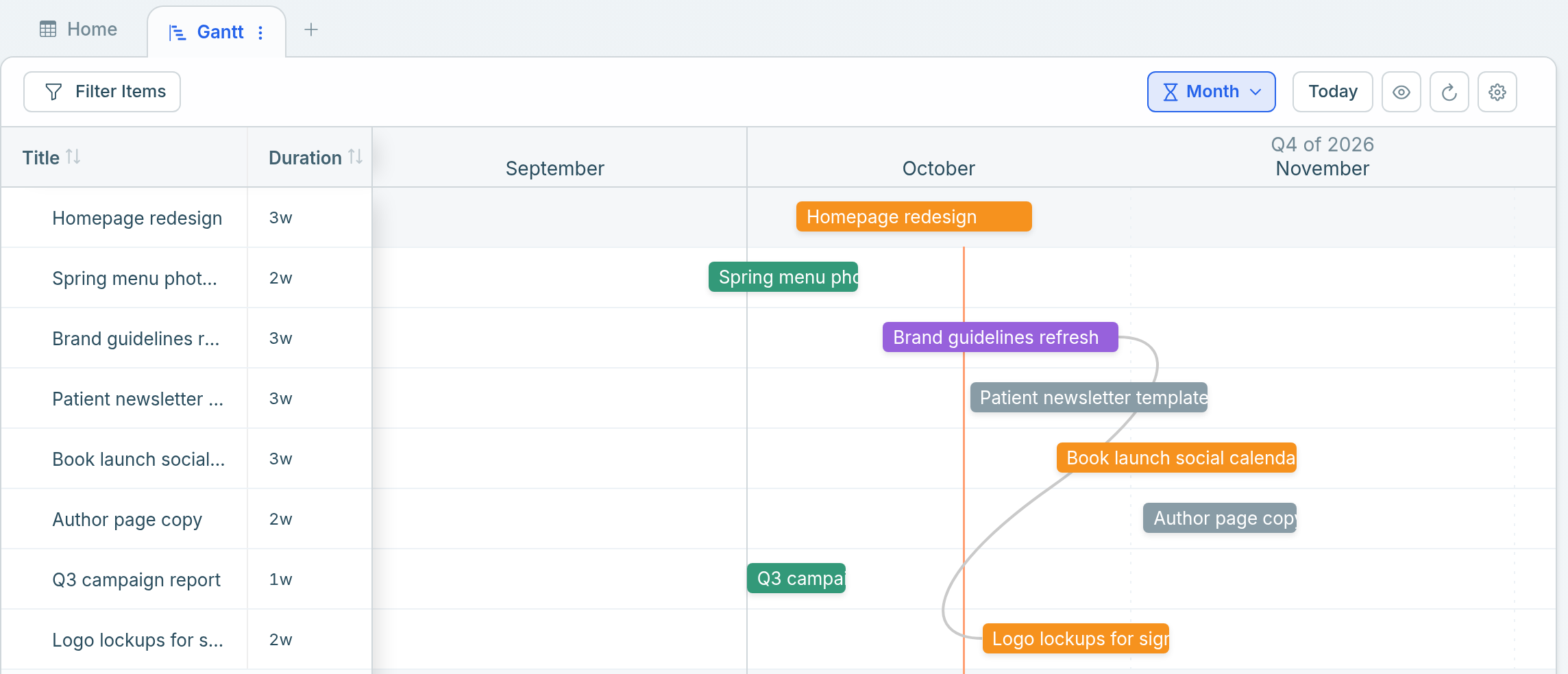 A Gantt view in Atwork with client deliverables as bars from September to November, a line marking today, and a dependency from Brand guidelines refresh to Logo lockups for signage