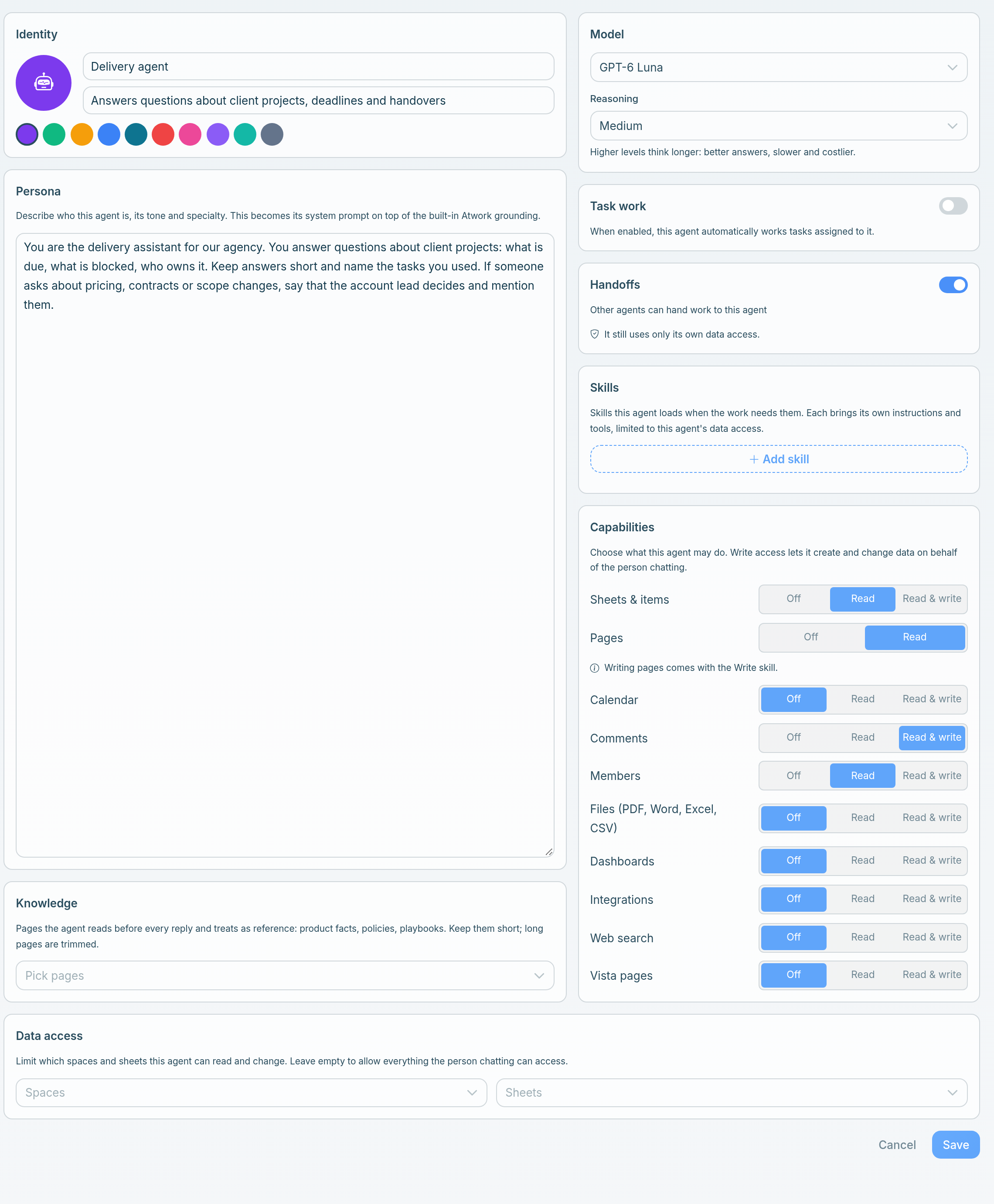 The agent builder for a Delivery agent, with Identity, Persona and Knowledge on the left and Model, Task work, Handoffs, Skills and Capabilities on the right