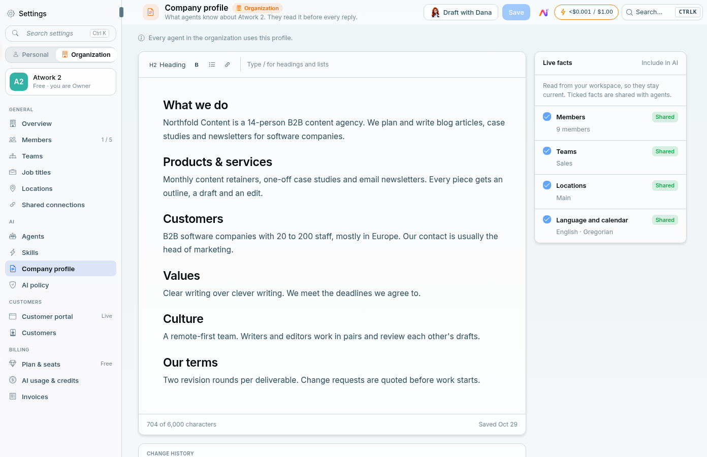 The Company profile page in Settings: the editor with the six headings filled in, a counter reading 704 of 6,000 characters, and a Live facts card with Include in AI ticks for Members, Teams, Locations, and Language and calendar