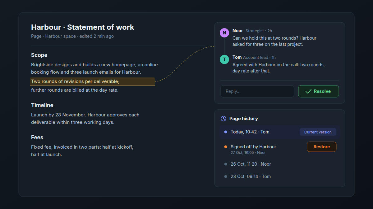 An Atwork page titled Harbour · Statement of work: a passage on two rounds of revisions is highlighted, with a comment thread beside it where a strategist asks to hold revisions at two rounds, the account lead replies, and a Resolve button; below, the Page history list shows the current version, a saved version named Signed off by Harbour with a Restore button, and two earlier versions