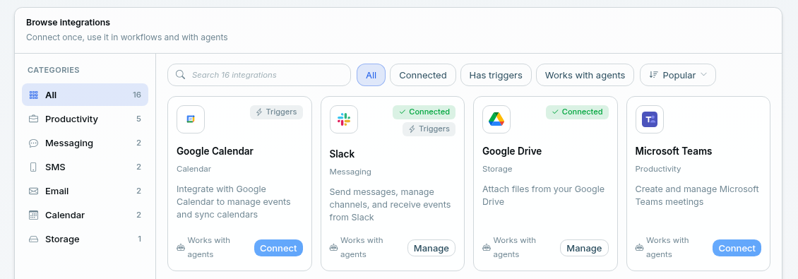 The Browse integrations section of Settings › Connections, with the Google Drive card in the Storage category
