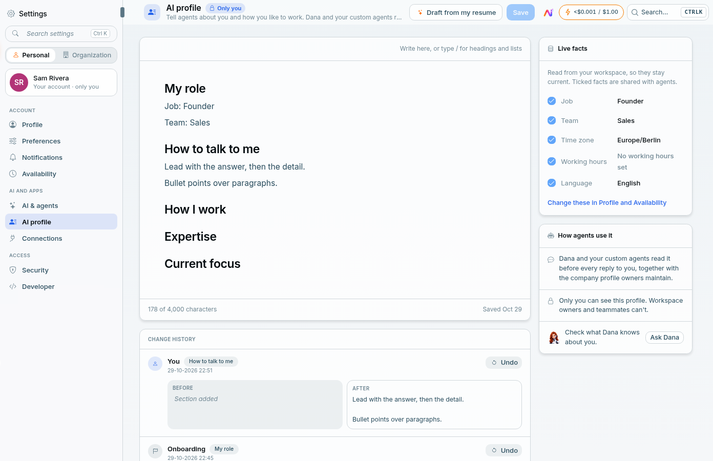 The AI profile page: My role and How to talk to me filled in, the Draft from my resume button, Live facts for job, team, time zone, working hours and language, and a note that only you can see the profile