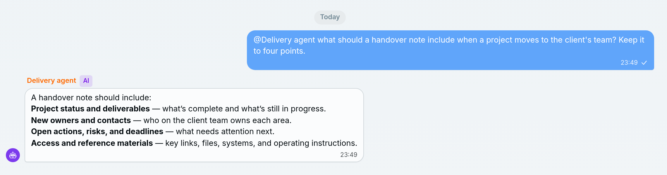 A space chat where a teammate mentions the Delivery agent and it replies with four points