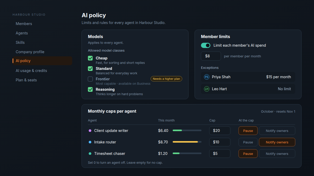 Atwork Settings › AI policy with allowed model classes, member limits with two exceptions, and monthly caps for three agents