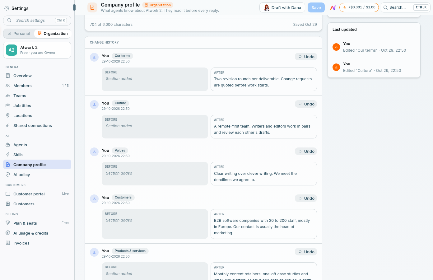 Change history on the company profile: one entry per section with who changed it and when, Before and After text, and an Undo button on each entry