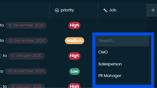 A Job column assigning a role to a record