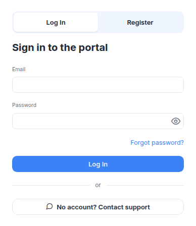 A client portal's sign-in card: Log In and Register tabs, email and password, and below them the No account? Contact support button