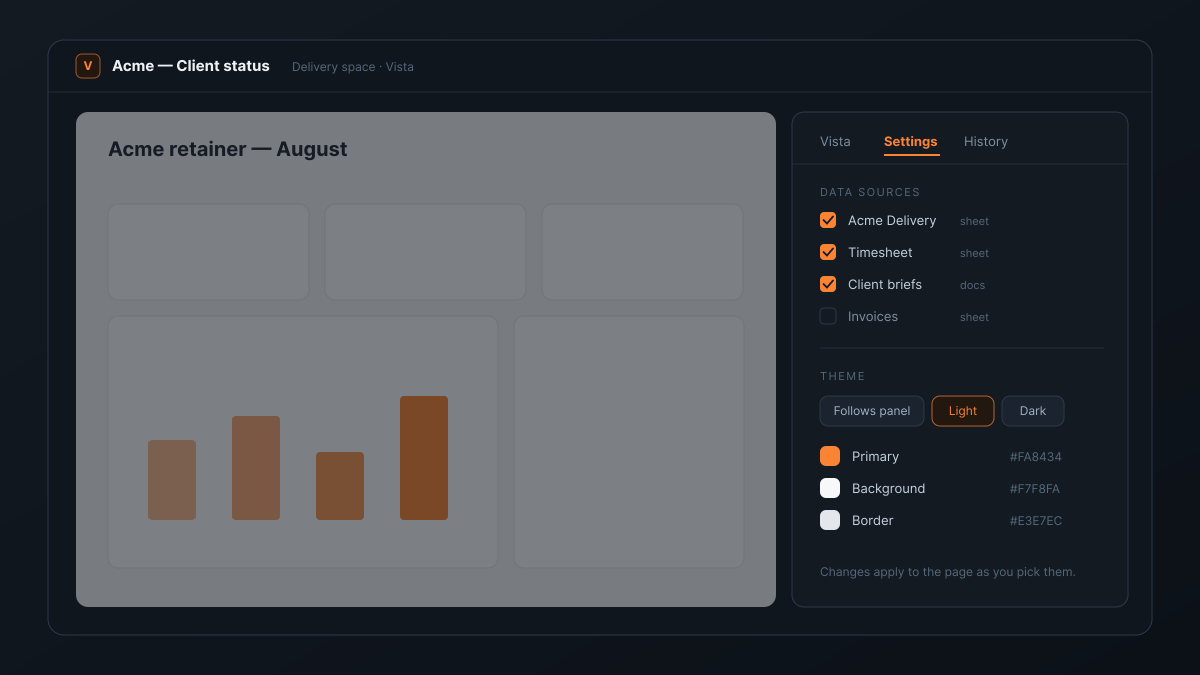 The Settings tab of a Vista view: a Data sources list with sheets and docs toggled on, and a Theme section with Follows panel, Light and Dark presets plus editable colors