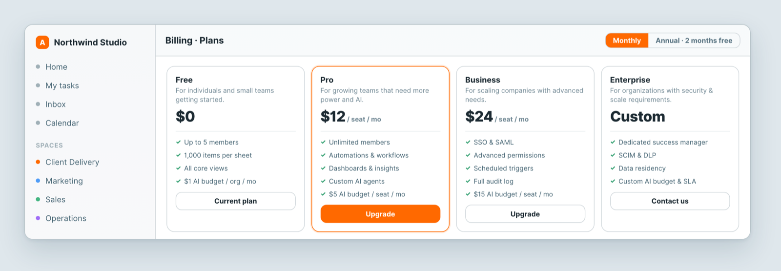 The Plans screen, comparing Free, Pro, Business and Enterprise