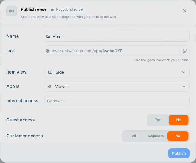 The Publish view dialog, with Guest access and Customer access at the bottom