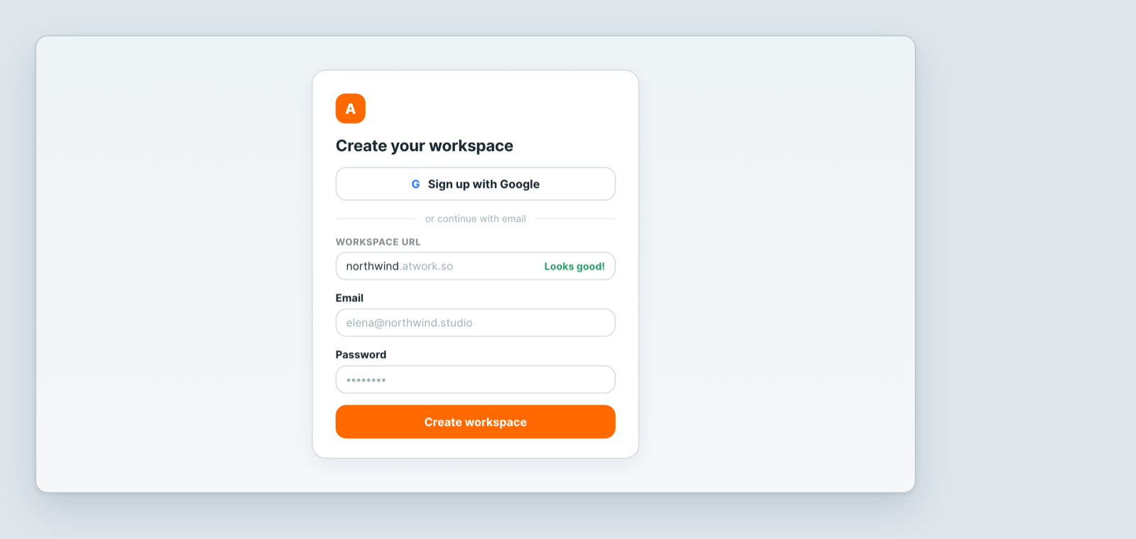 The Create your workspace screen, with the workspace URL confirmed as available