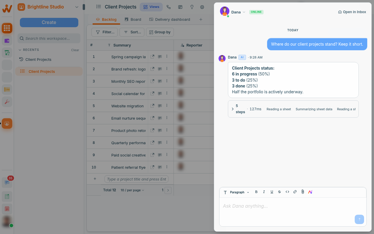 Dana in the sidebar, summing up where the client projects stand