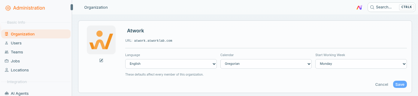 The Organization page with Edit defaults open, showing Language, Calendar and Start Working Week