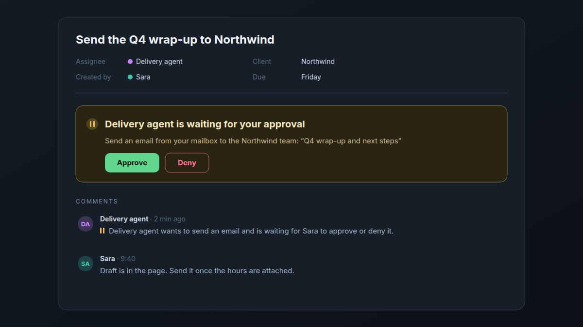 A task assigned to Delivery agent with the card Delivery agent is waiting for your approval above the comments, Approve and Deny buttons, and the agent's comment saying it is waiting for Sara to approve or deny it