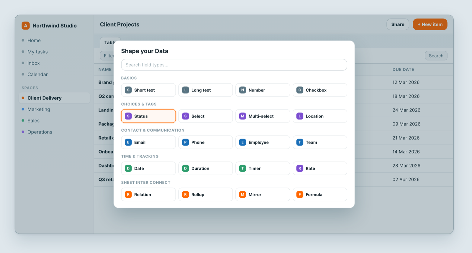The Shape your Data field picker, with field types grouped by purpose