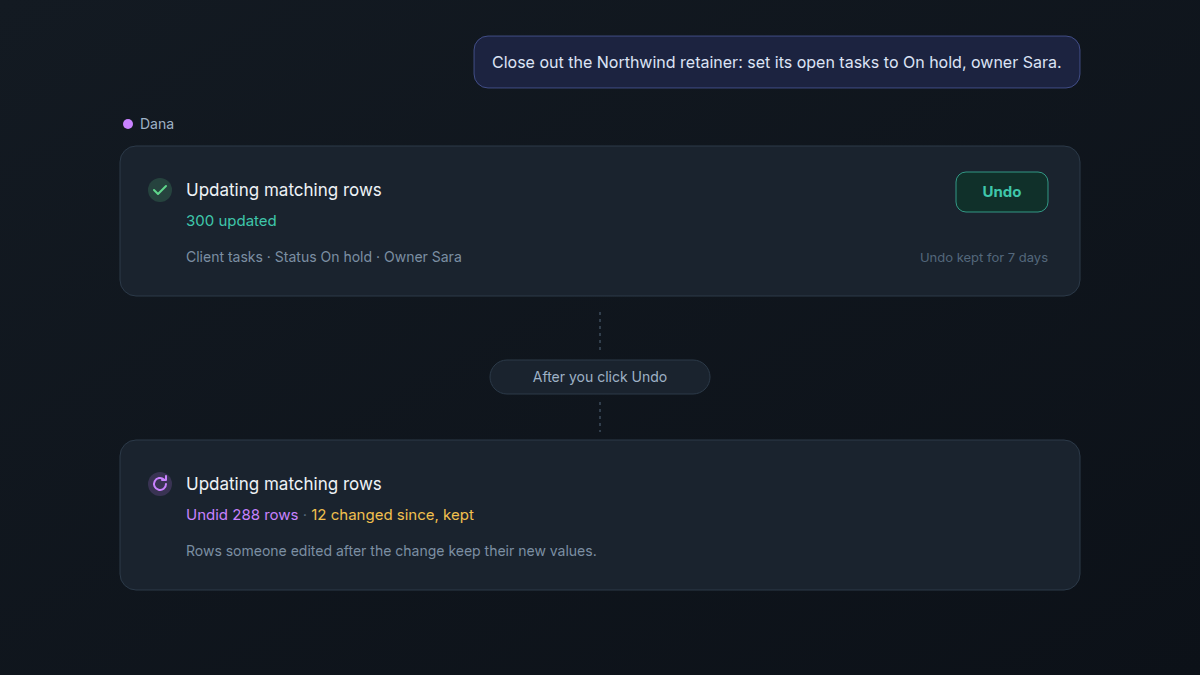 The chat step Updating matching rows showing 300 updated with an Undo button, and the same step after Undo reading Undid 288 rows, 12 changed since, kept