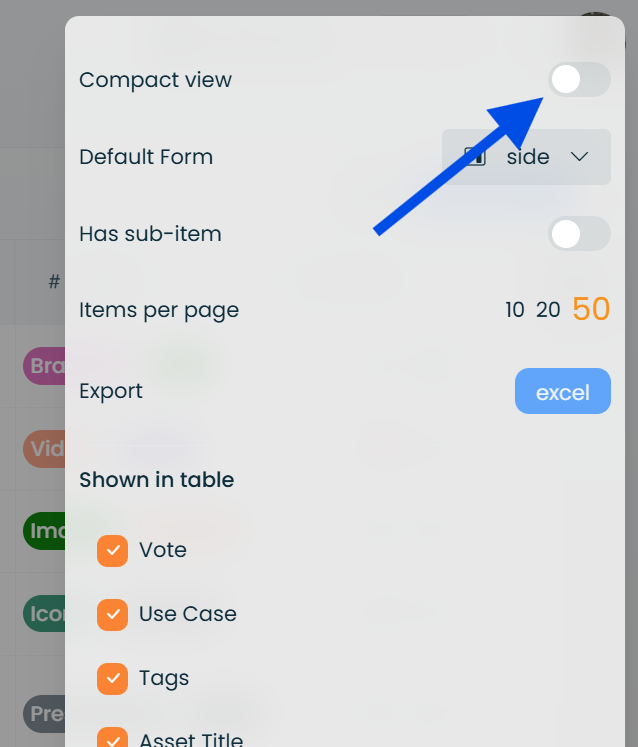 Compact view applied to a table, with row heights reduced