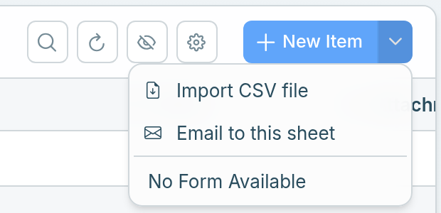 The New button's menu on a sheet, with Import CSV file and Email to this sheet