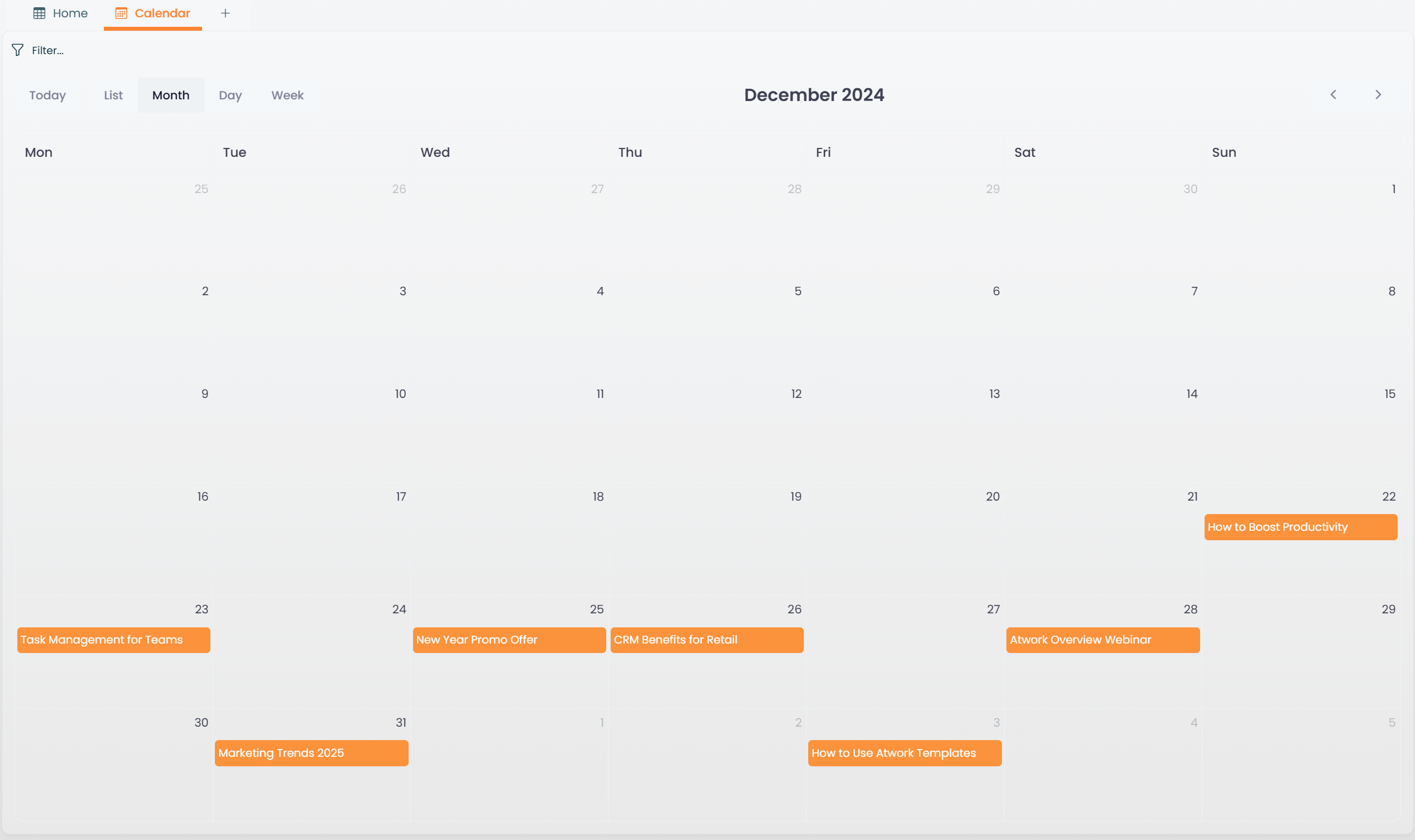 A Calendar View with tasks placed on dates
