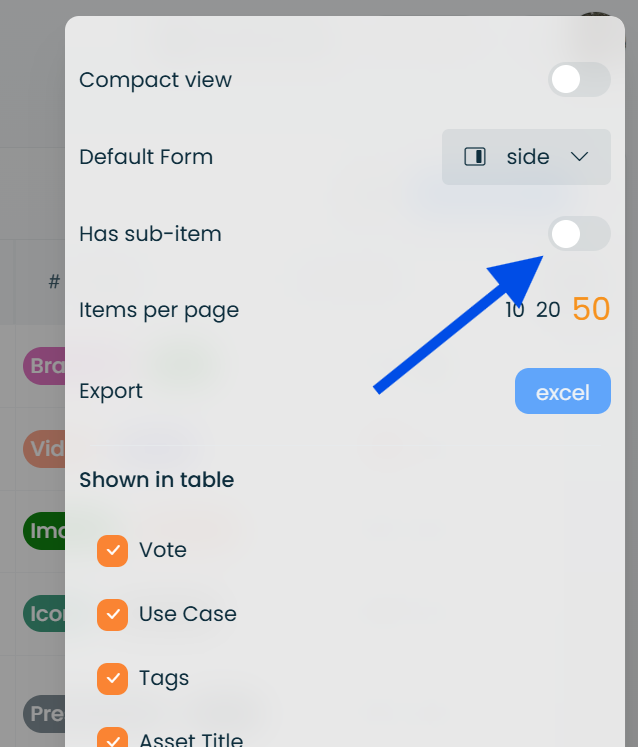 Sub-items expanded under a parent row