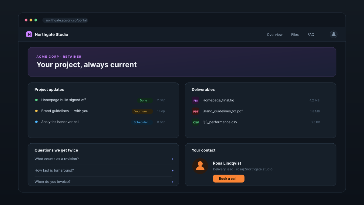 A client portal page showing a hero, a project status feed, a deliverables list, an FAQ accordion and a contact card, rendered in the client's brand colours