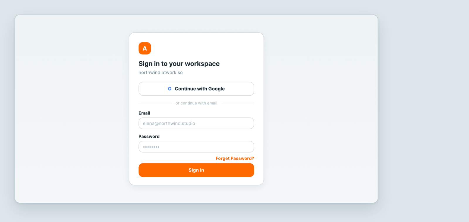 The Atwork sign-in screen, showing Continue with Google and email sign-in